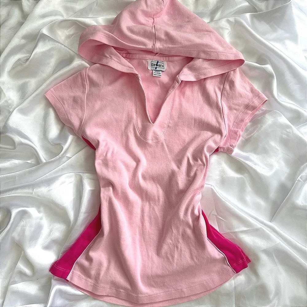 Beware Women Pink Short Sleeve Hoodie V-Neck Contrast Side Panel Top XL Y2K